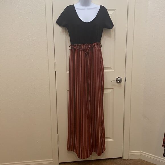 LA Gypsy Large Black Scoop Neck Top Stripped Elongating Leg Keyhole Closure - Picture 2 of 15